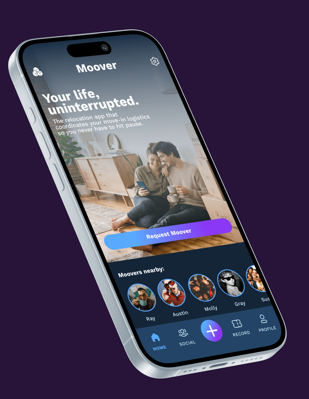 Moover home screen on an iPhone