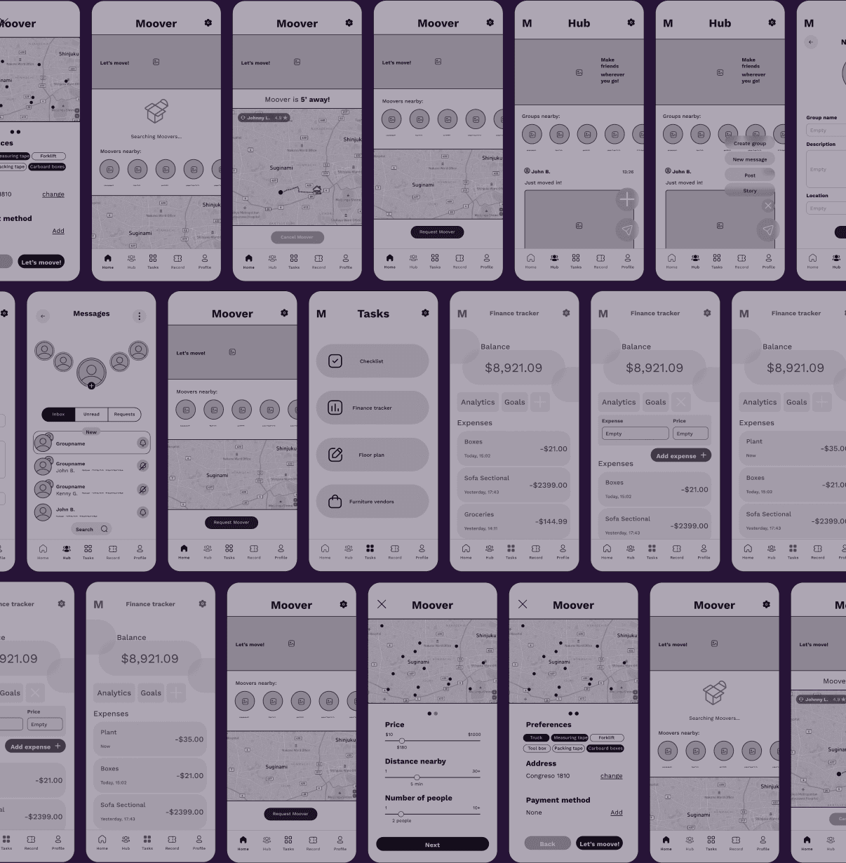 Low-fidelity wireframes of the Moover screens