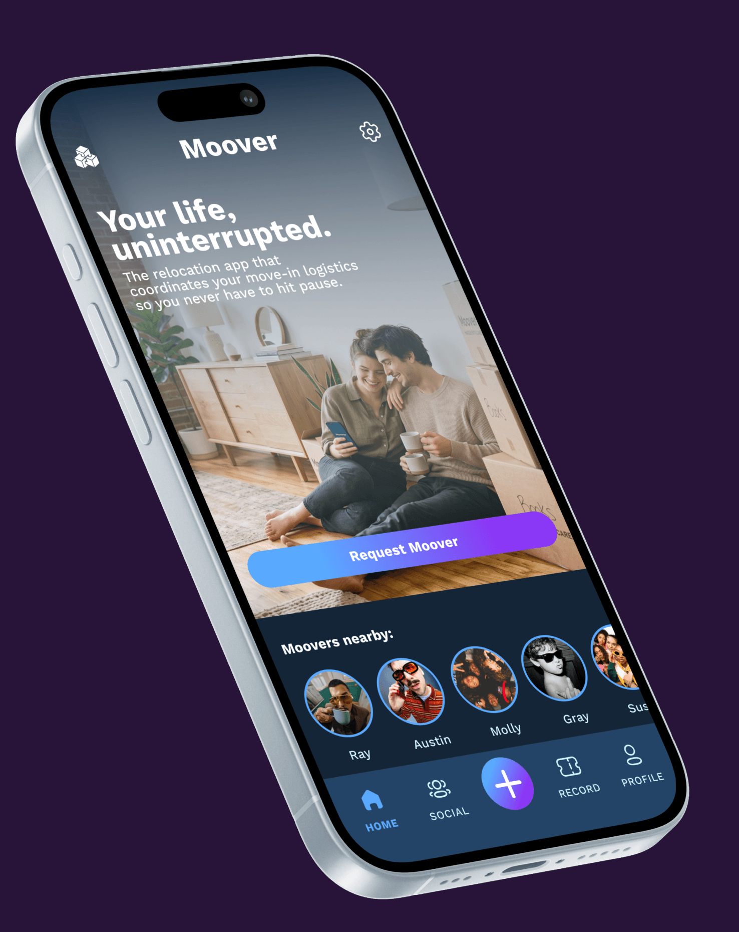 Moover home screen, minimal design