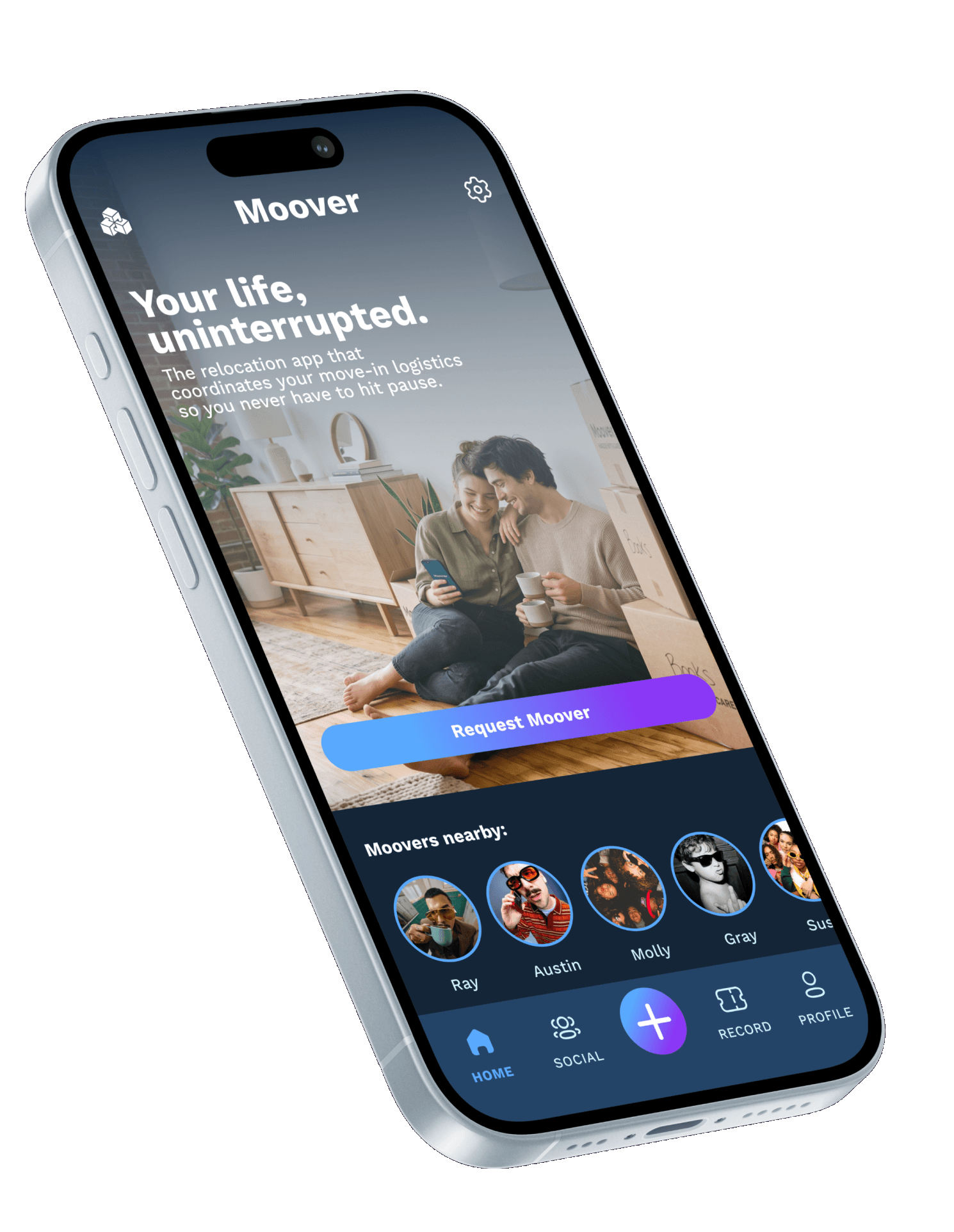 Moover home screen on an iPhone