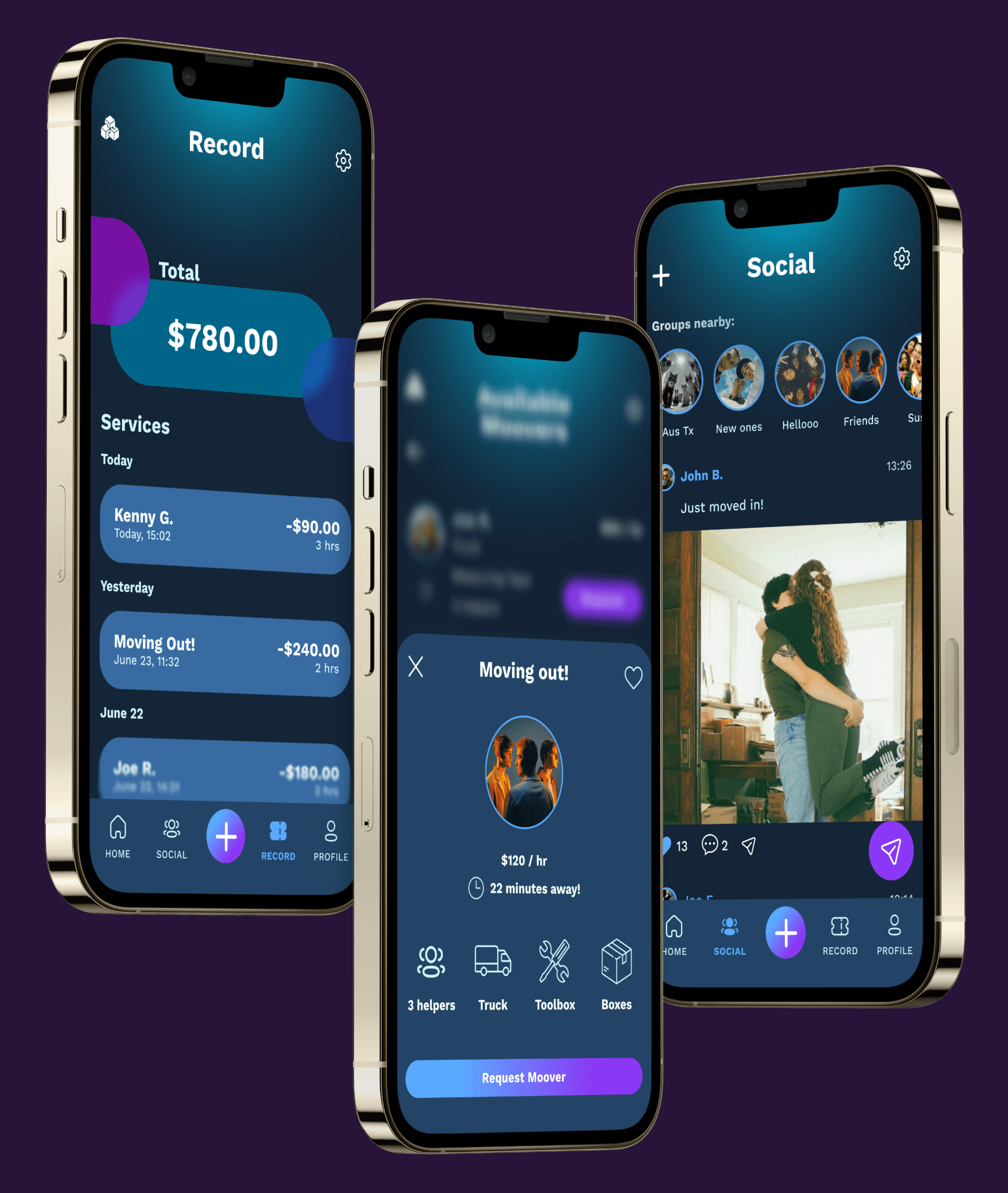 Moover record, moover details and social screens