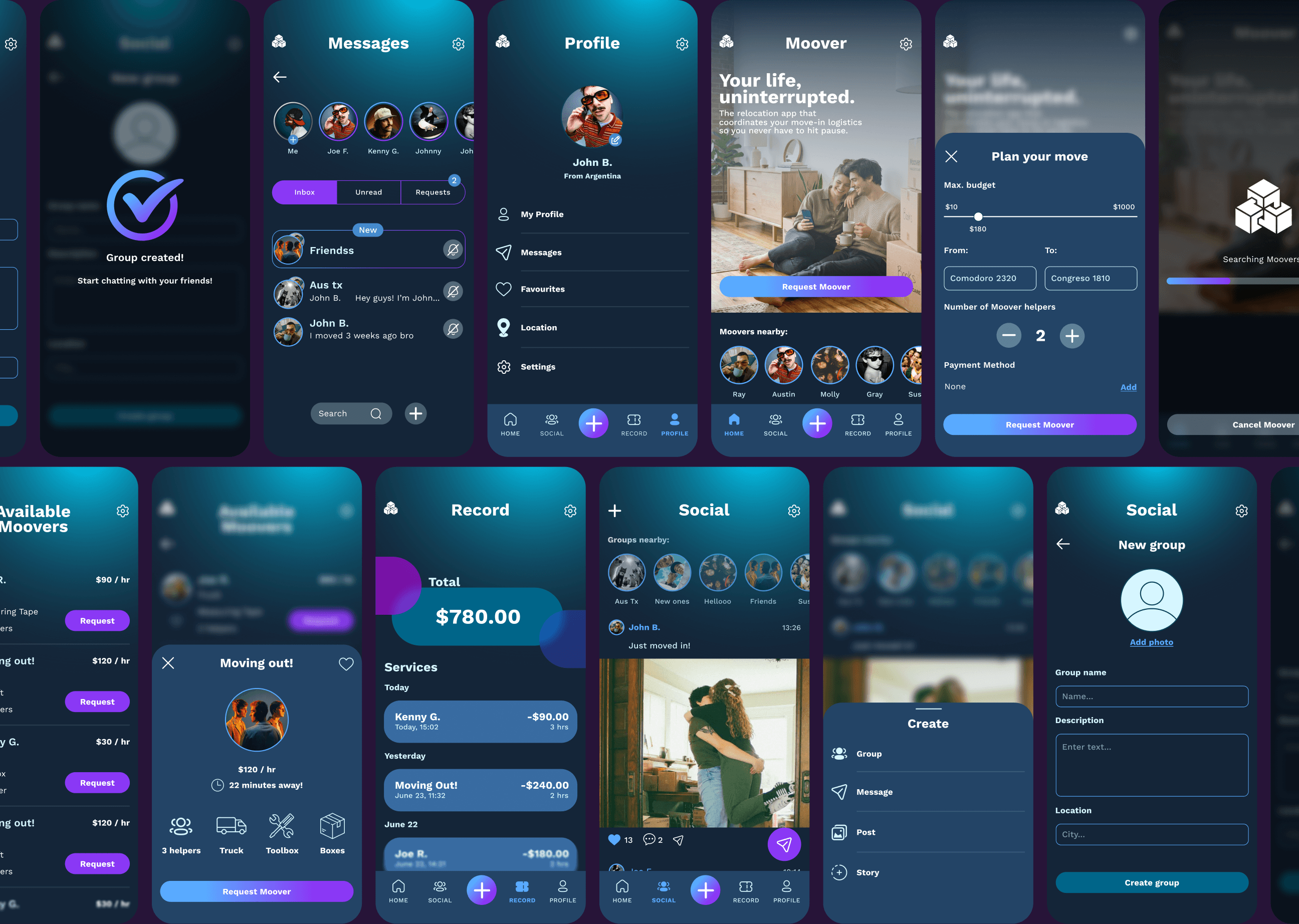 Grid of Moover app screens