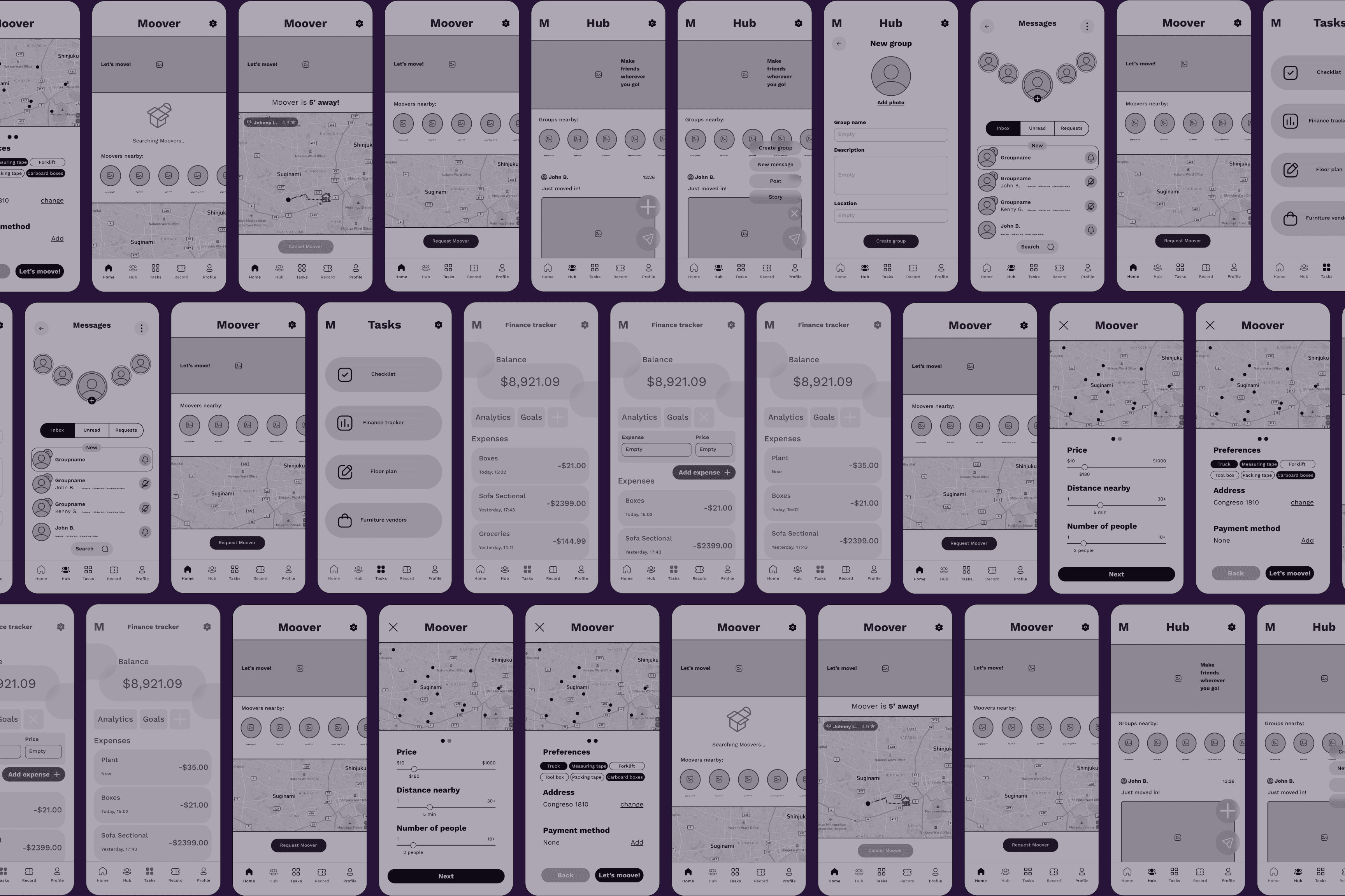 Low-fidelity wireframes of the Moover screens