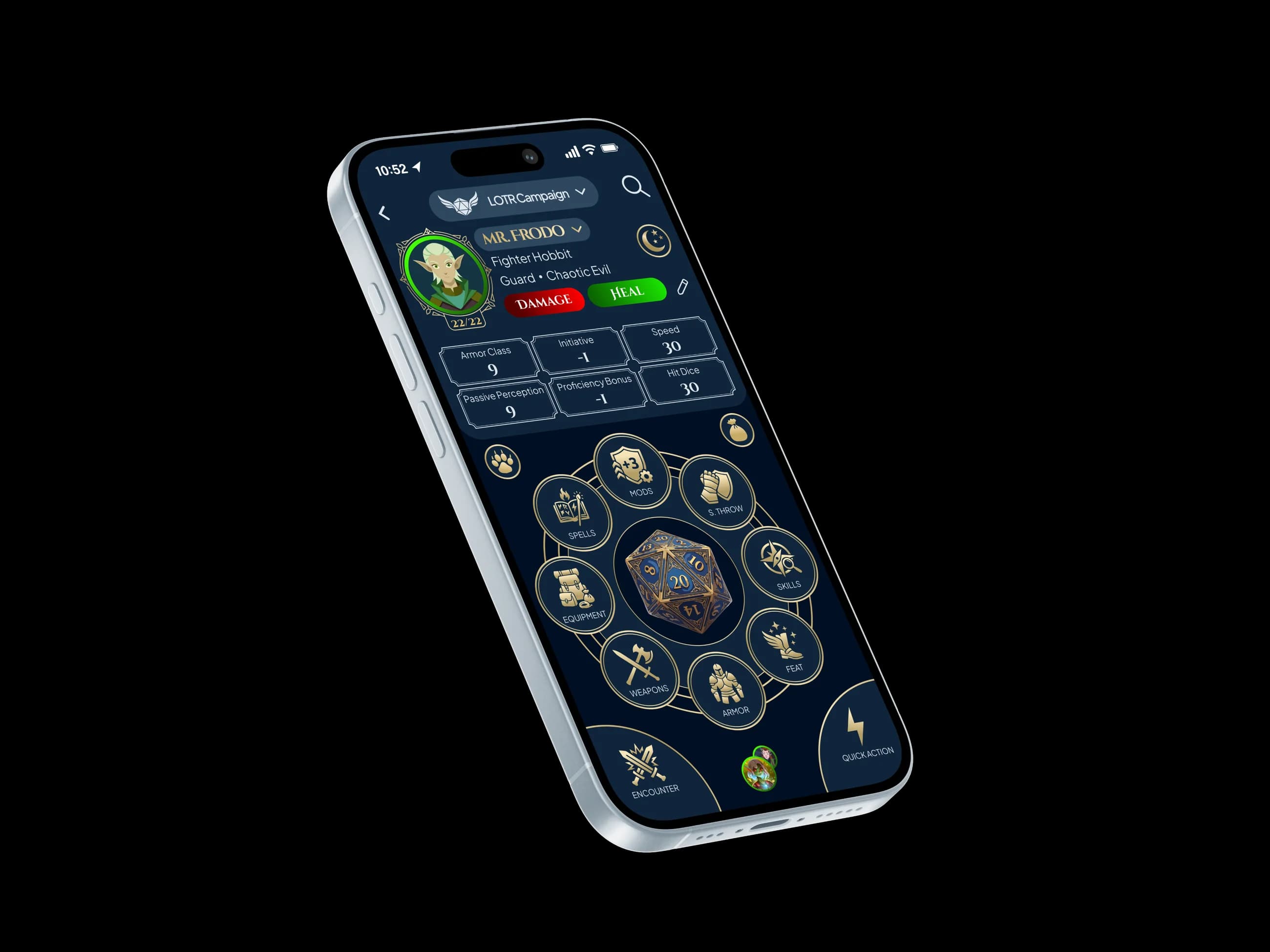 The redesigned RPG Companion App character screen on an iPhone