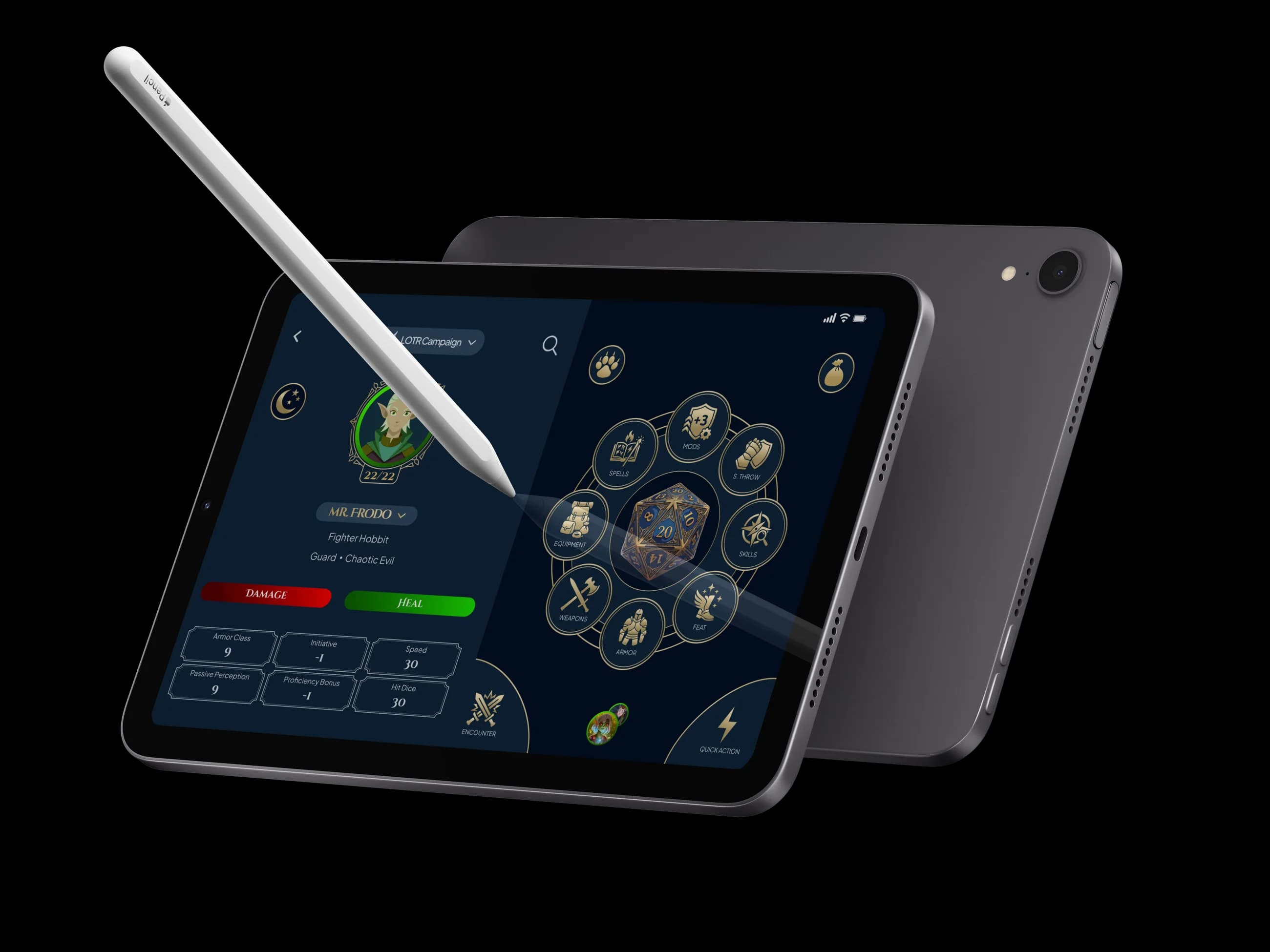 The character screen on an iPad Mini in landscape with an Apple Pencil