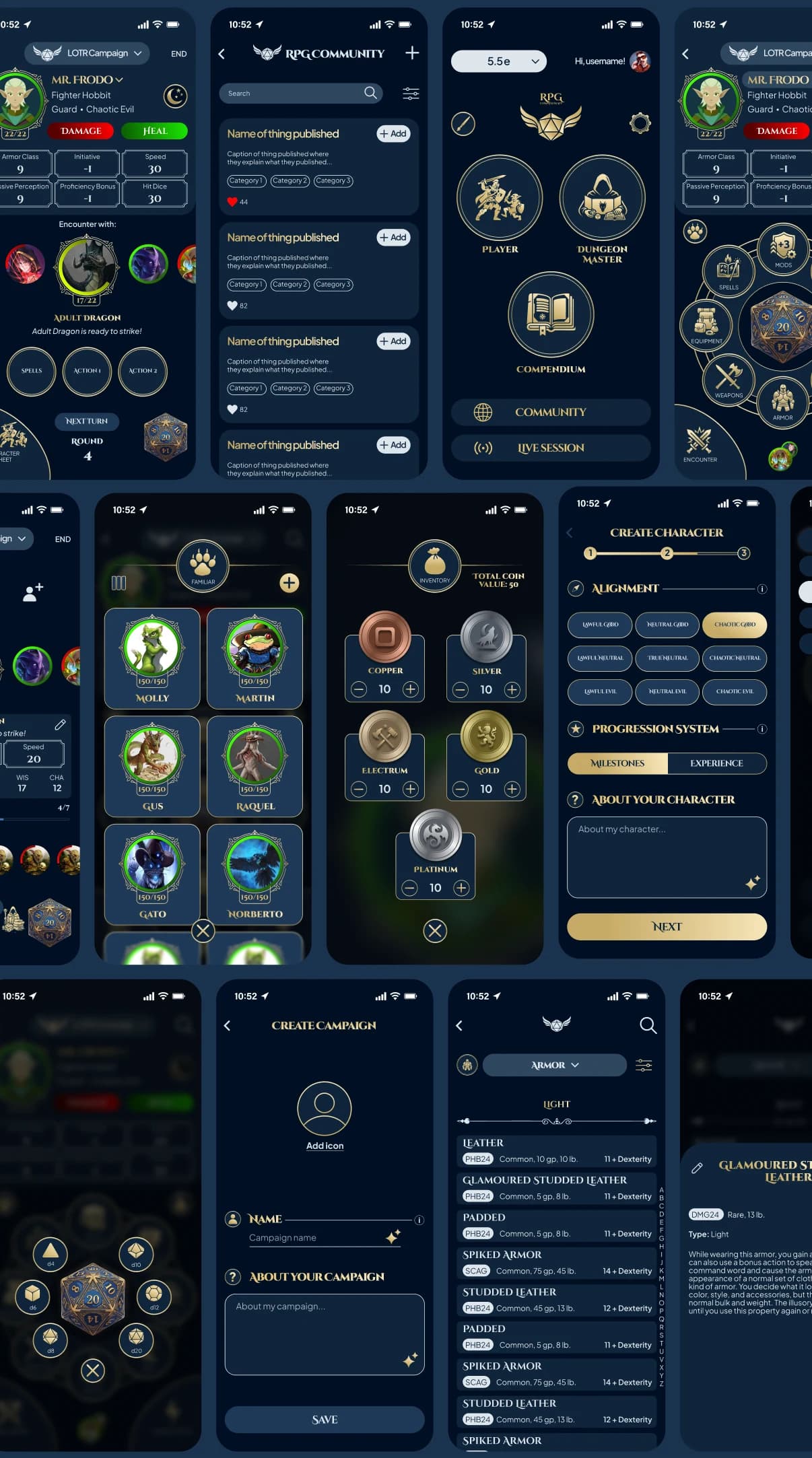 Rows of high-fidelity screens: community, character sheets, compendium, encounters, settings, inventory and character creation