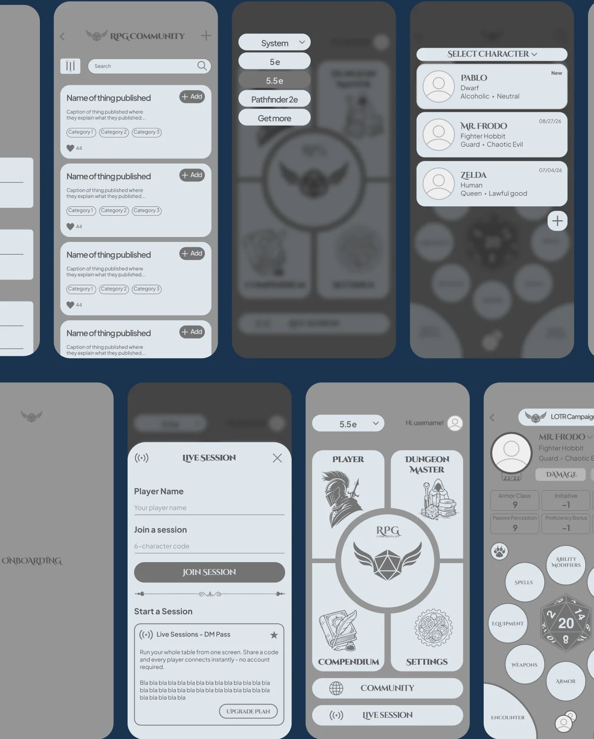 Low-fidelity grey wireframes of every app screen