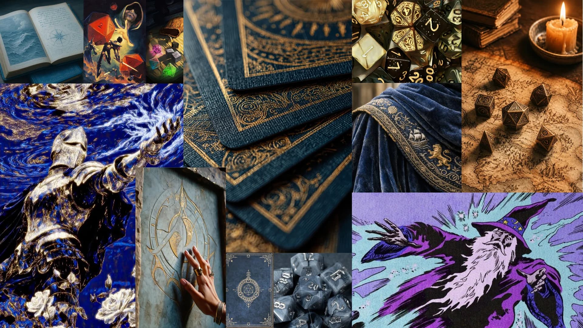 Collage of fantasy references: old books, dice, armour, ornate blue and gold card backs and spell art