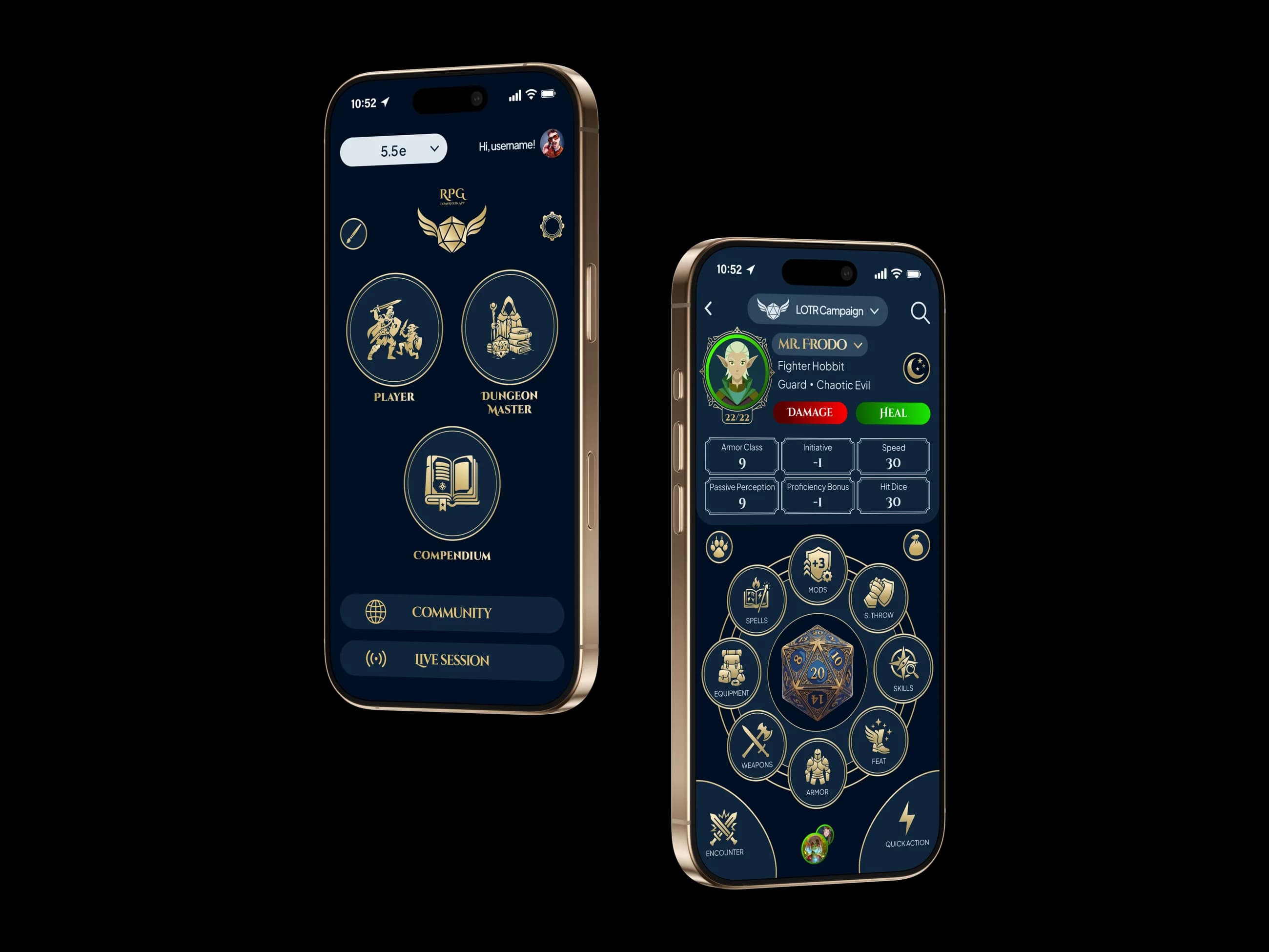 Home screen: Player, Dungeon Master and Compendium hubs, community and live session