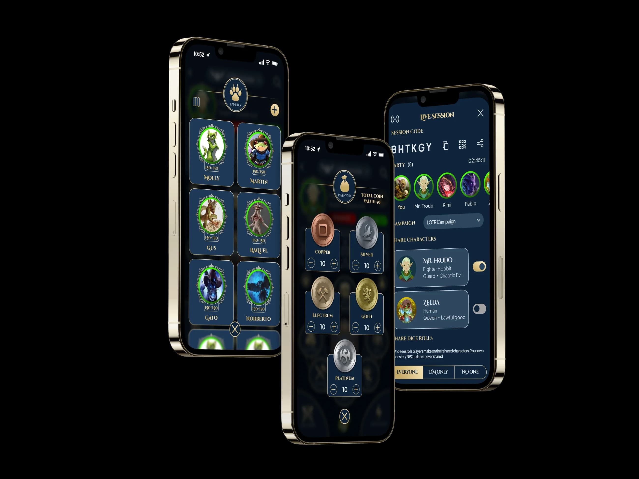 Familiars, inventory coins and the live session screen