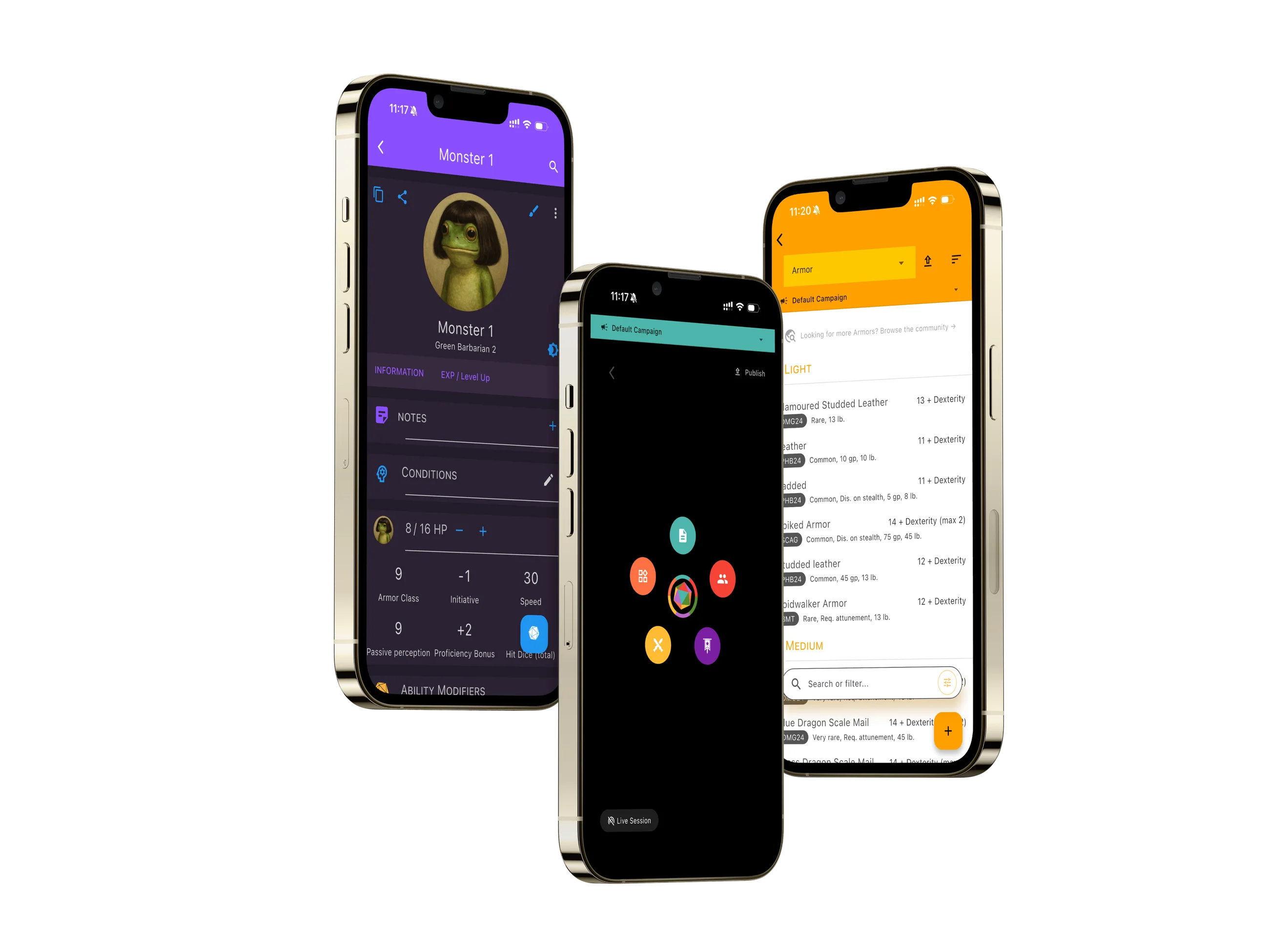 Three screens of the previous app: character sheet, home and compendium