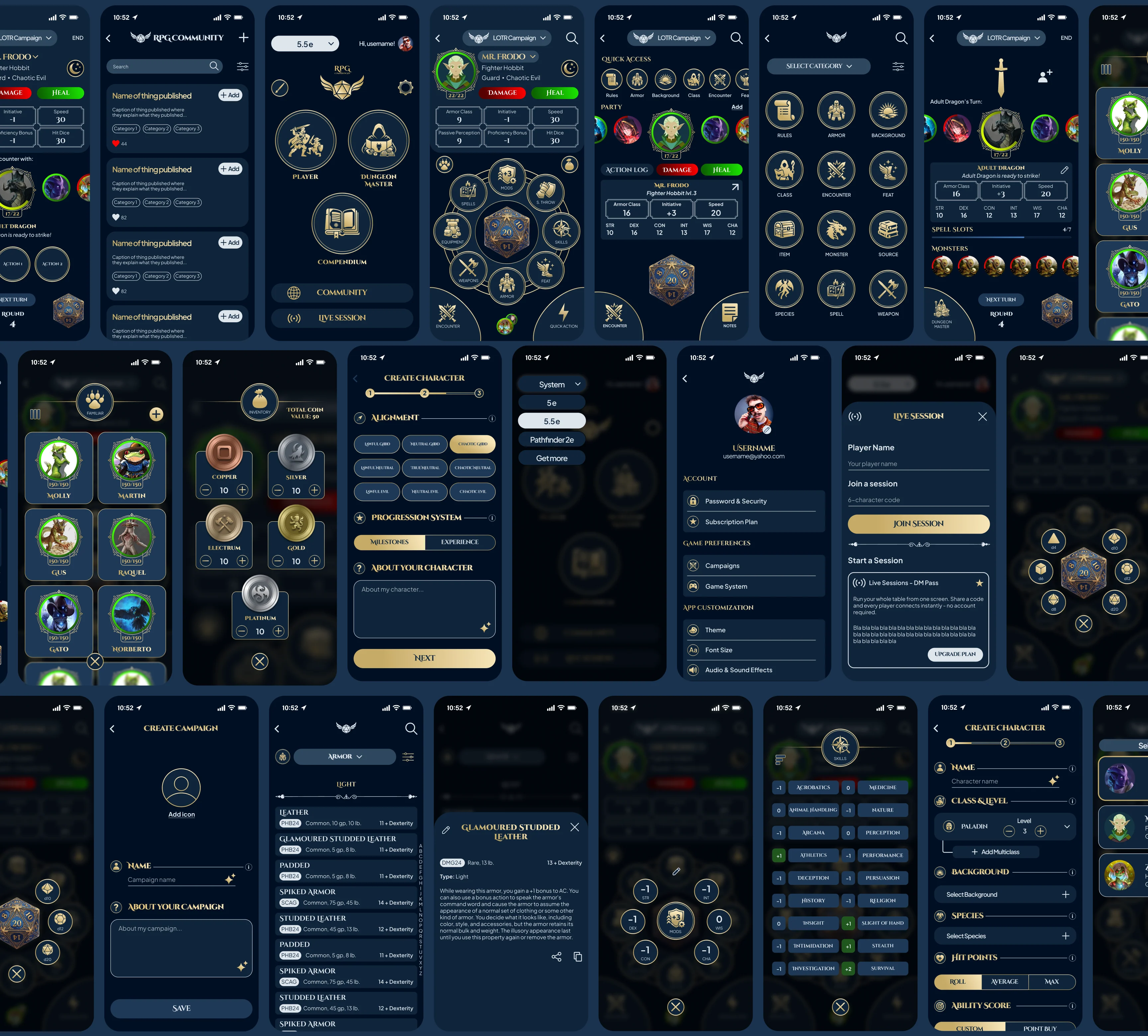 Rows of high-fidelity screens: community, character sheets, compendium, encounters, settings, inventory and character creation