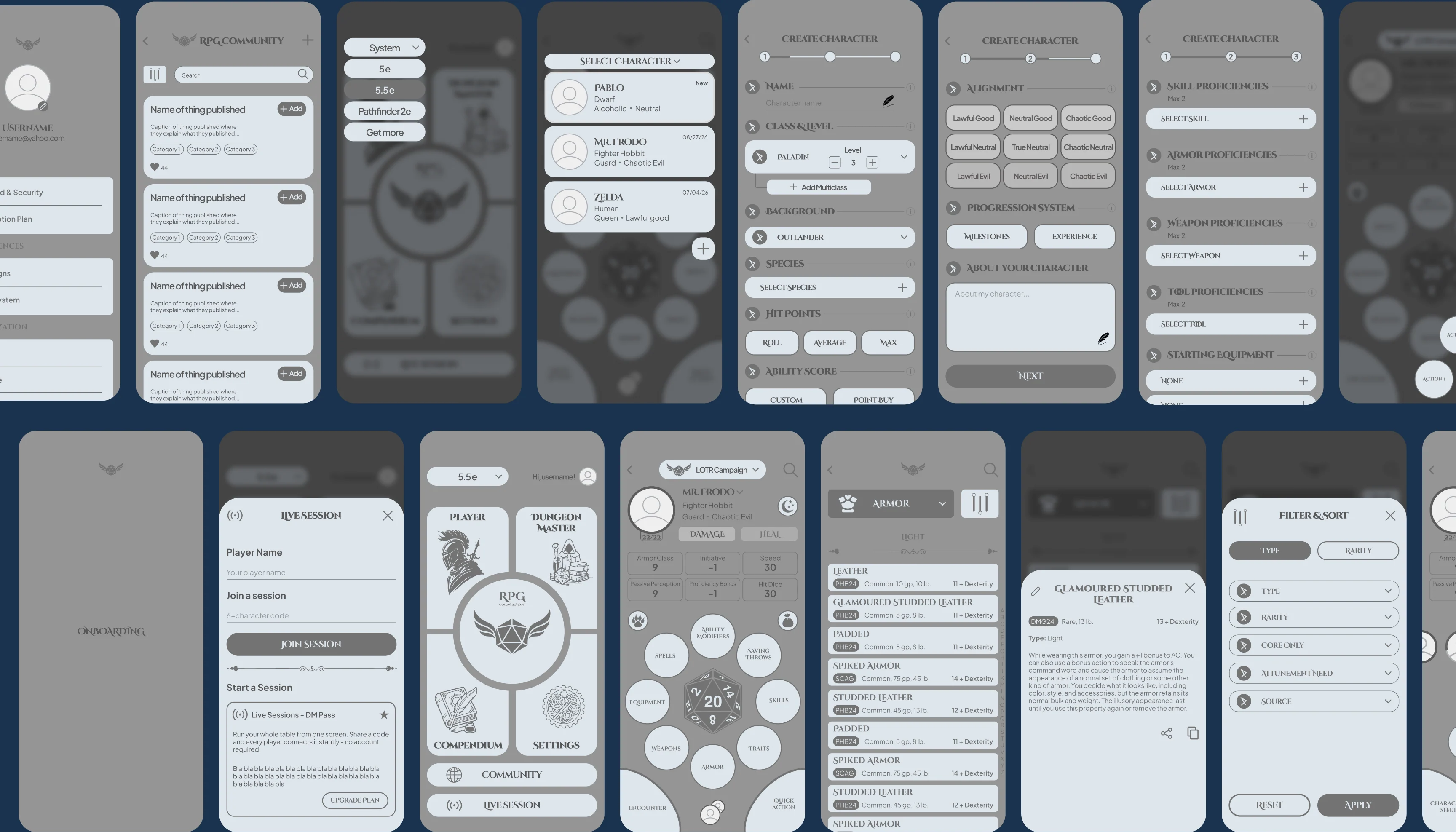 Low-fidelity grey wireframes of every app screen